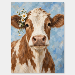 Floral Cow Portrait oil painting shown unframed on a neutral gray background