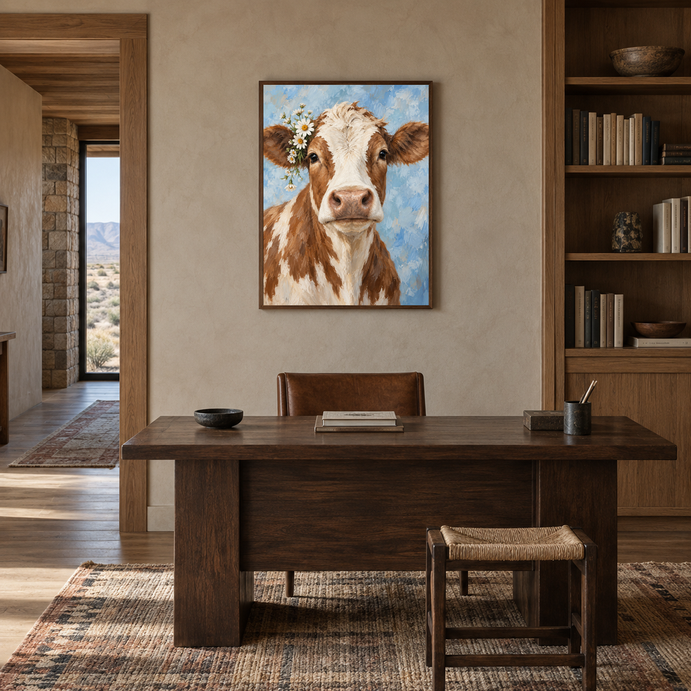 Floral Cow Portrait oil painting displayed in a study