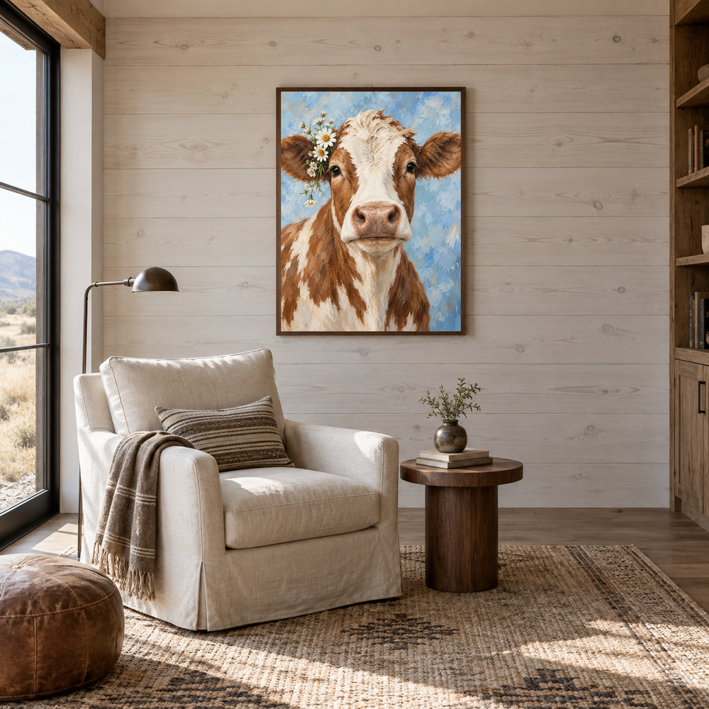 Floral Cow Portrait oil painting displayed in a reading room
