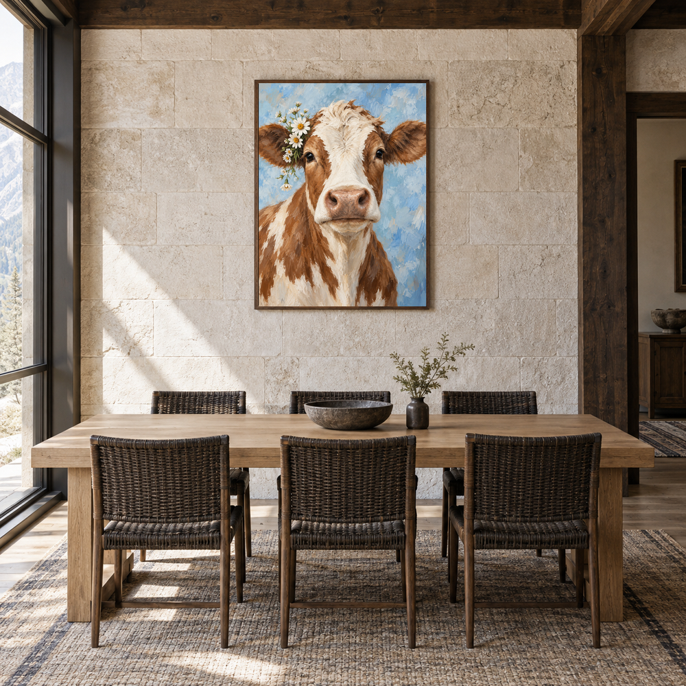 Floral Cow Portrait oil painting displayed in a dining room