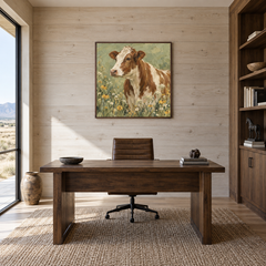 Cow with Wildflowers oil painting displayed in a study