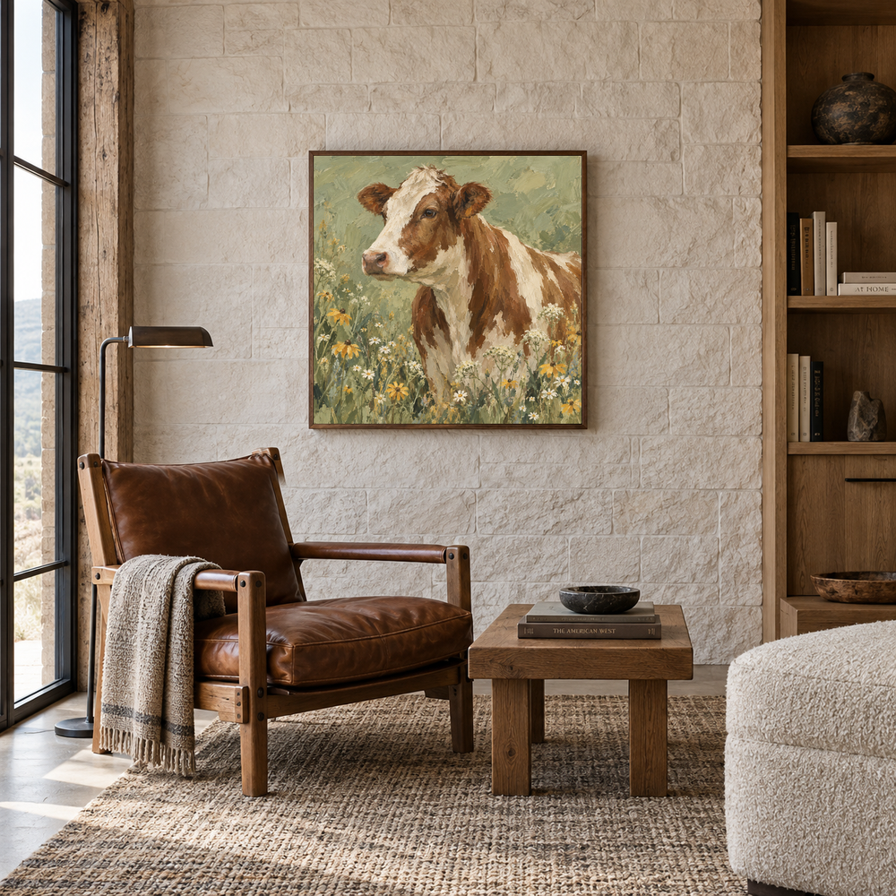 Cow with Wildflowers oil painting displayed in a reading room
