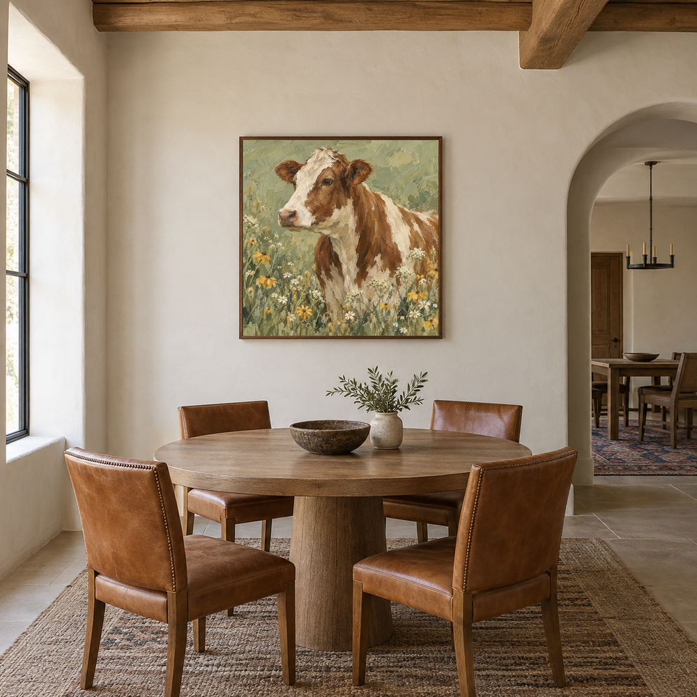 Cow with Wildflowers oil painting displayed in a dining room