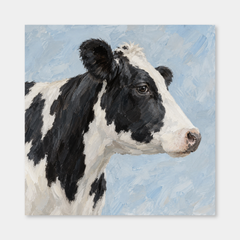 Black and White Cow on Pale Blue oil painting shown unframed on a neutral gray background