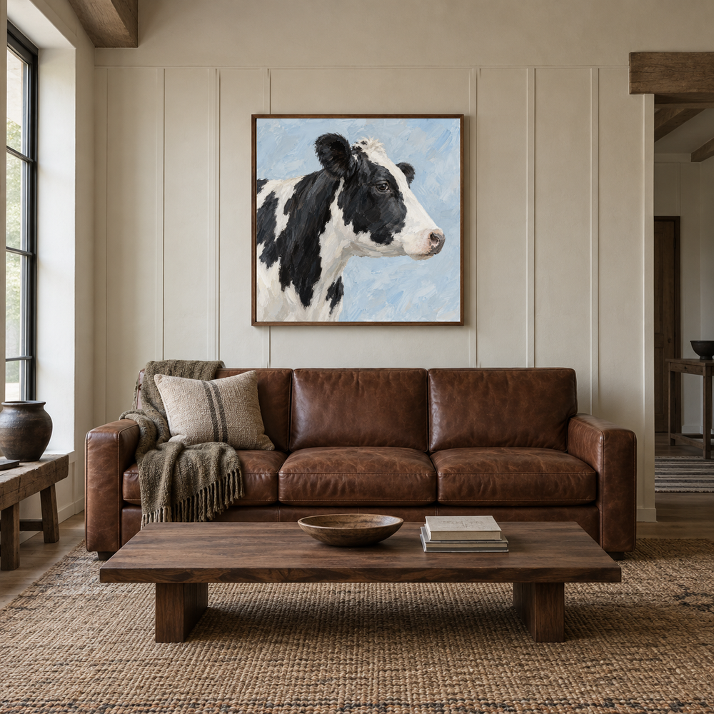 Black and White Cow on Pale Blue oil painting displayed in a living room