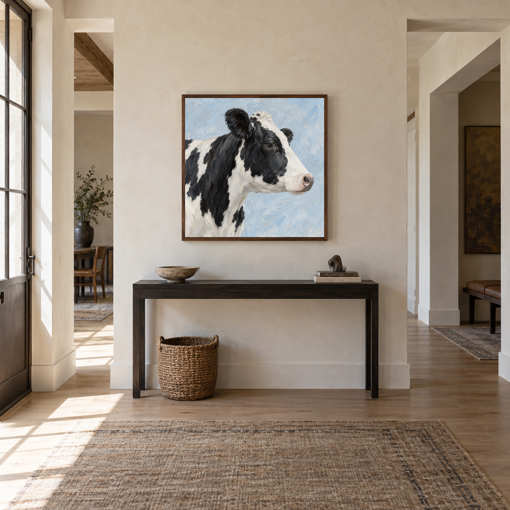 Black and White Cow on Pale Blue oil painting displayed in a entryway