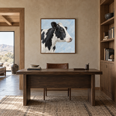 Black and White Cow on Pale Blue oil painting displayed in a study