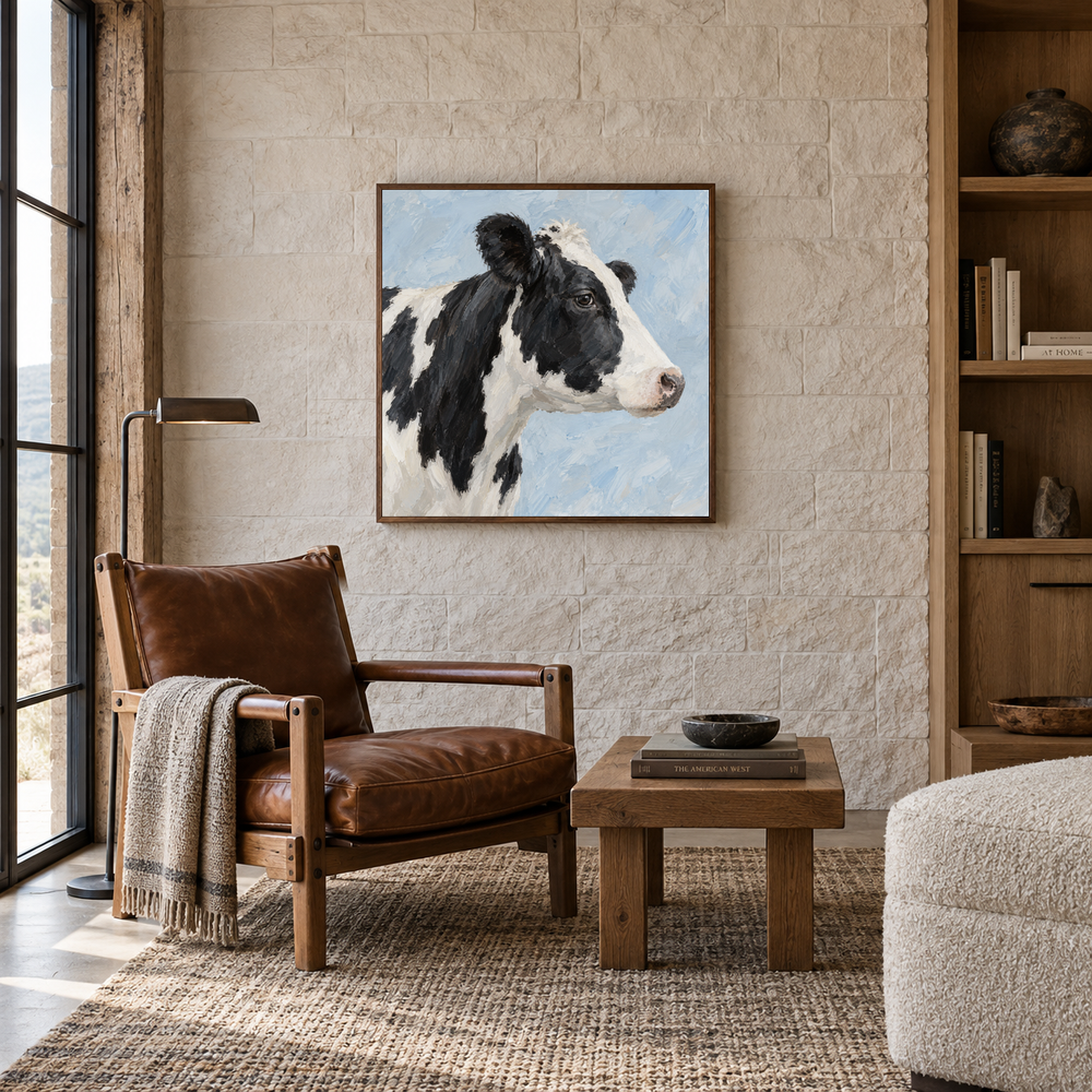 Black and White Cow on Pale Blue oil painting displayed in a reading room