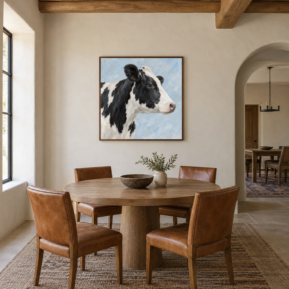 Black and White Cow on Pale Blue oil painting displayed in a dining room