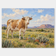 Cow in Southwestern Meadow oil painting shown unframed on a neutral gray background