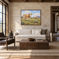 Cow in Southwestern Meadow oil painting displayed in a living room