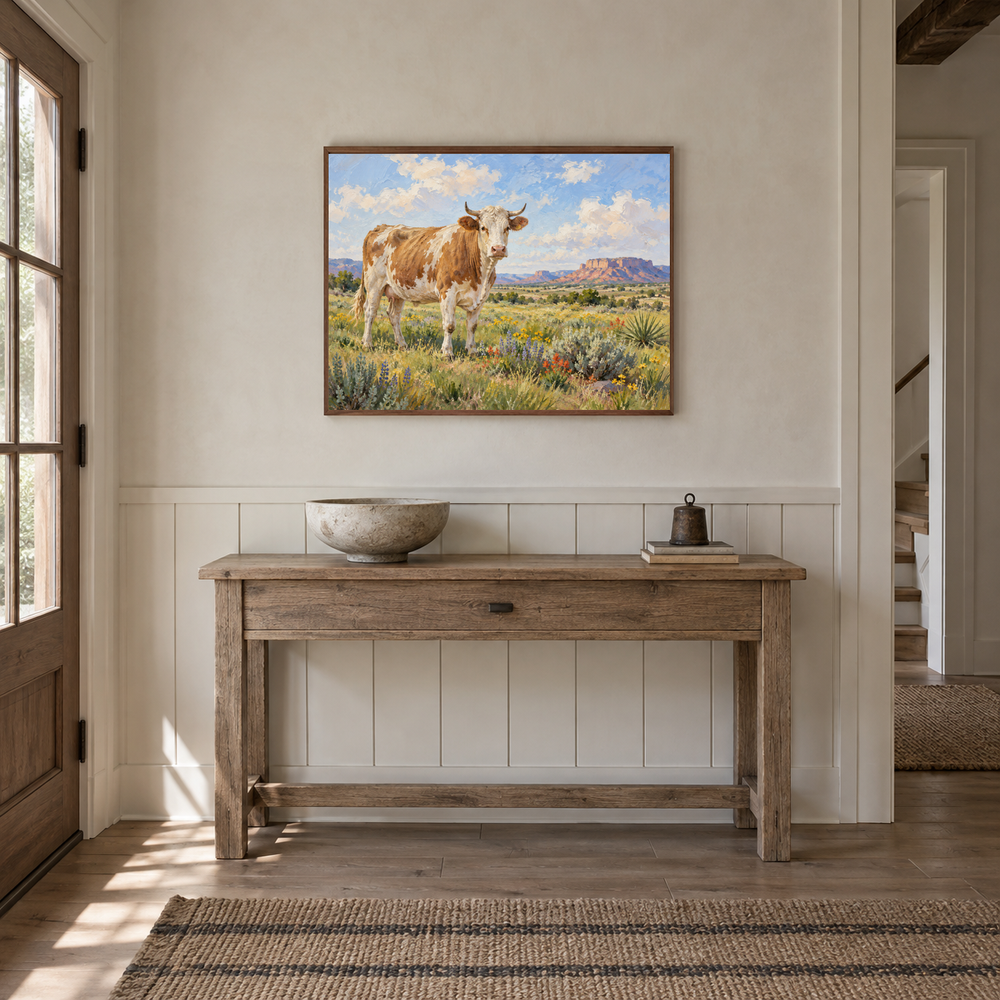 Cow in Southwestern Meadow oil painting displayed in a entryway