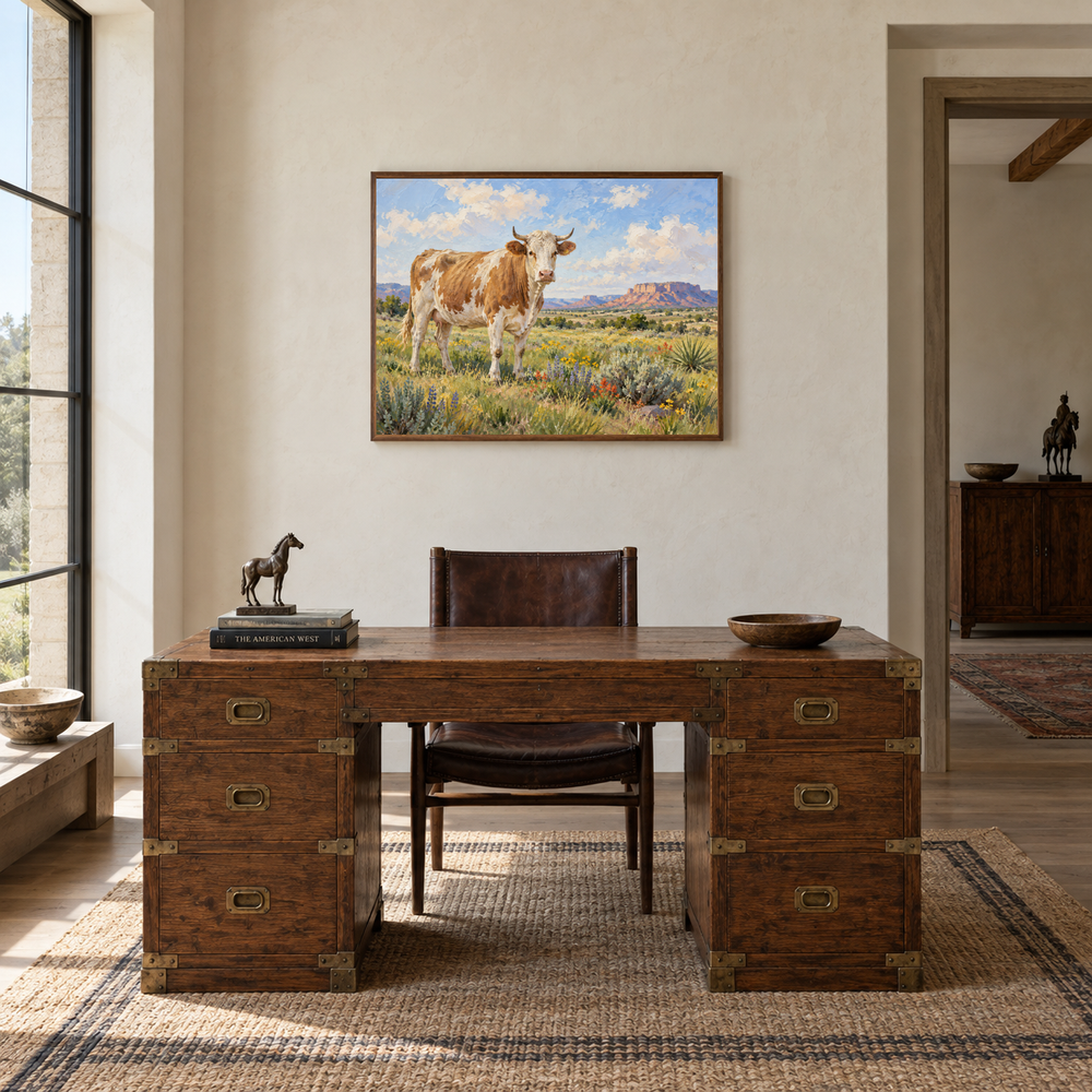 Cow in Southwestern Meadow oil painting displayed in a study