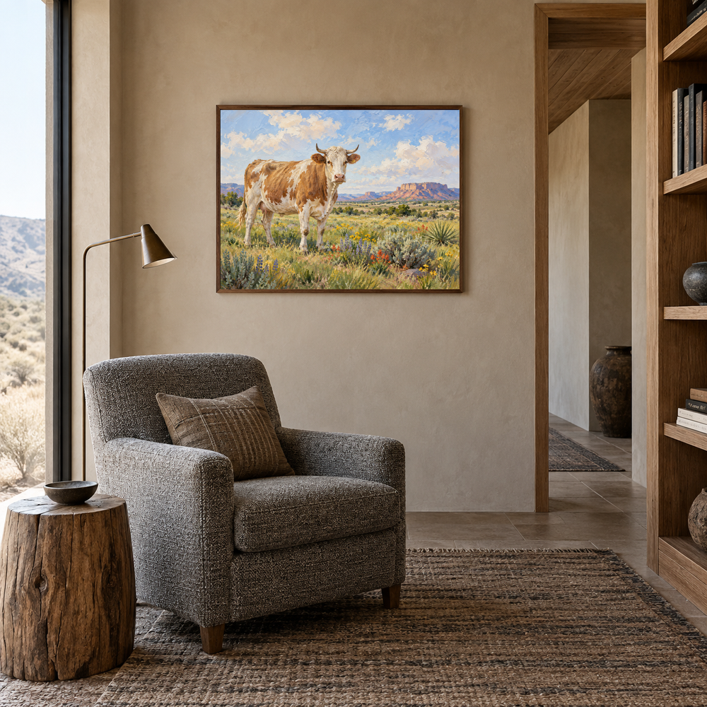 Cow in Southwestern Meadow oil painting displayed in a reading room