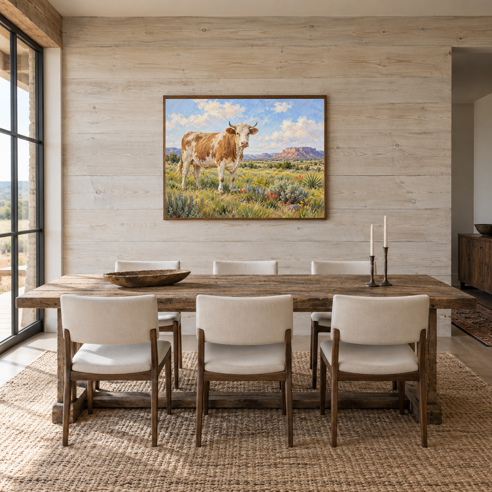Cow in Southwestern Meadow oil painting displayed in a dining room