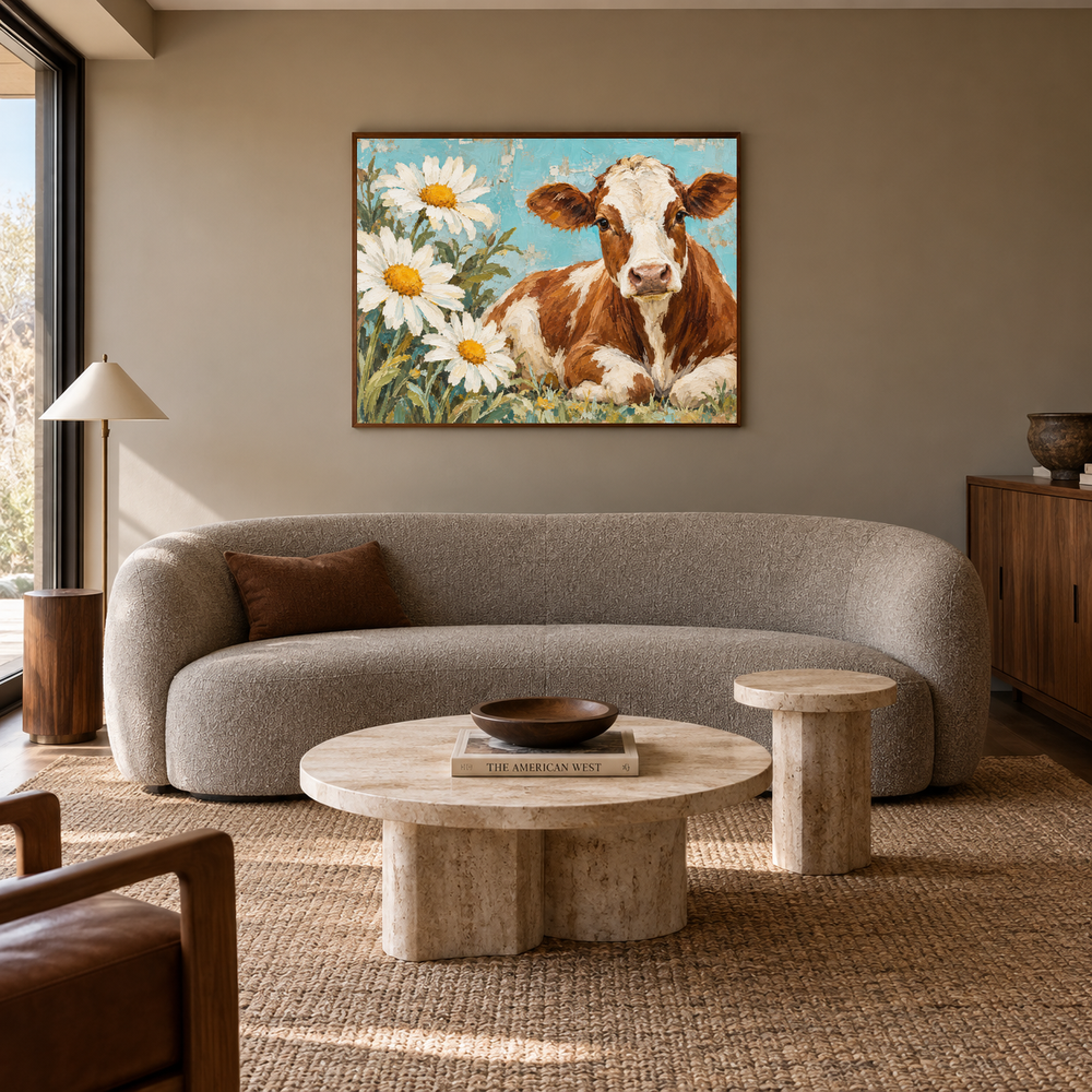 Cow & Daisies Folk Western Art oil painting displayed in a living room