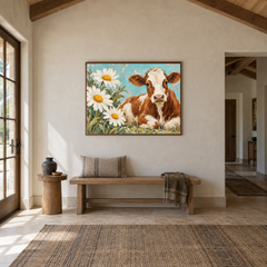 Cow & Daisies Folk Western Art oil painting displayed in a entryway
