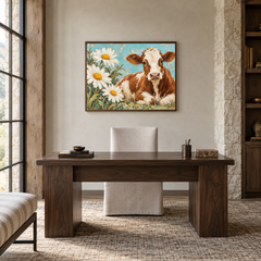 Cow & Daisies Folk Western Art oil painting displayed in a study