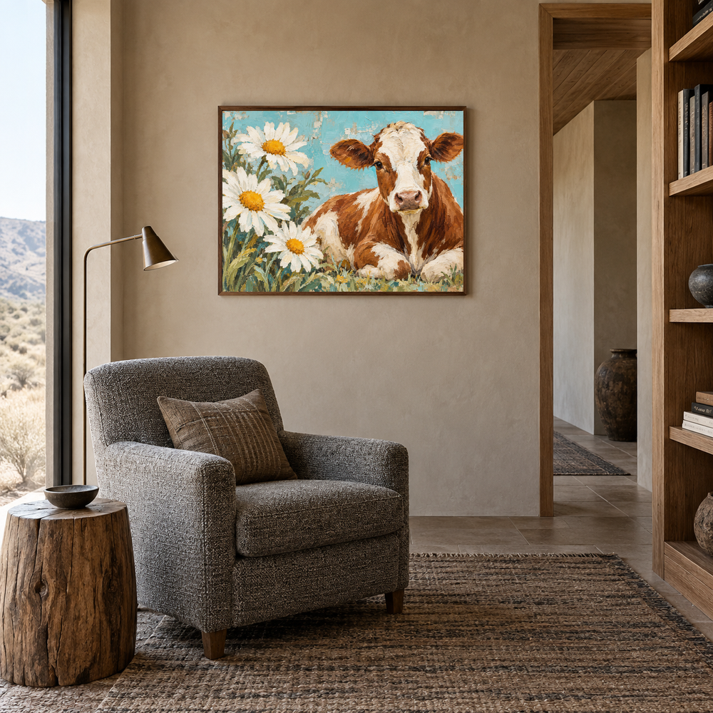 Cow & Daisies Folk Western Art oil painting displayed in a reading room