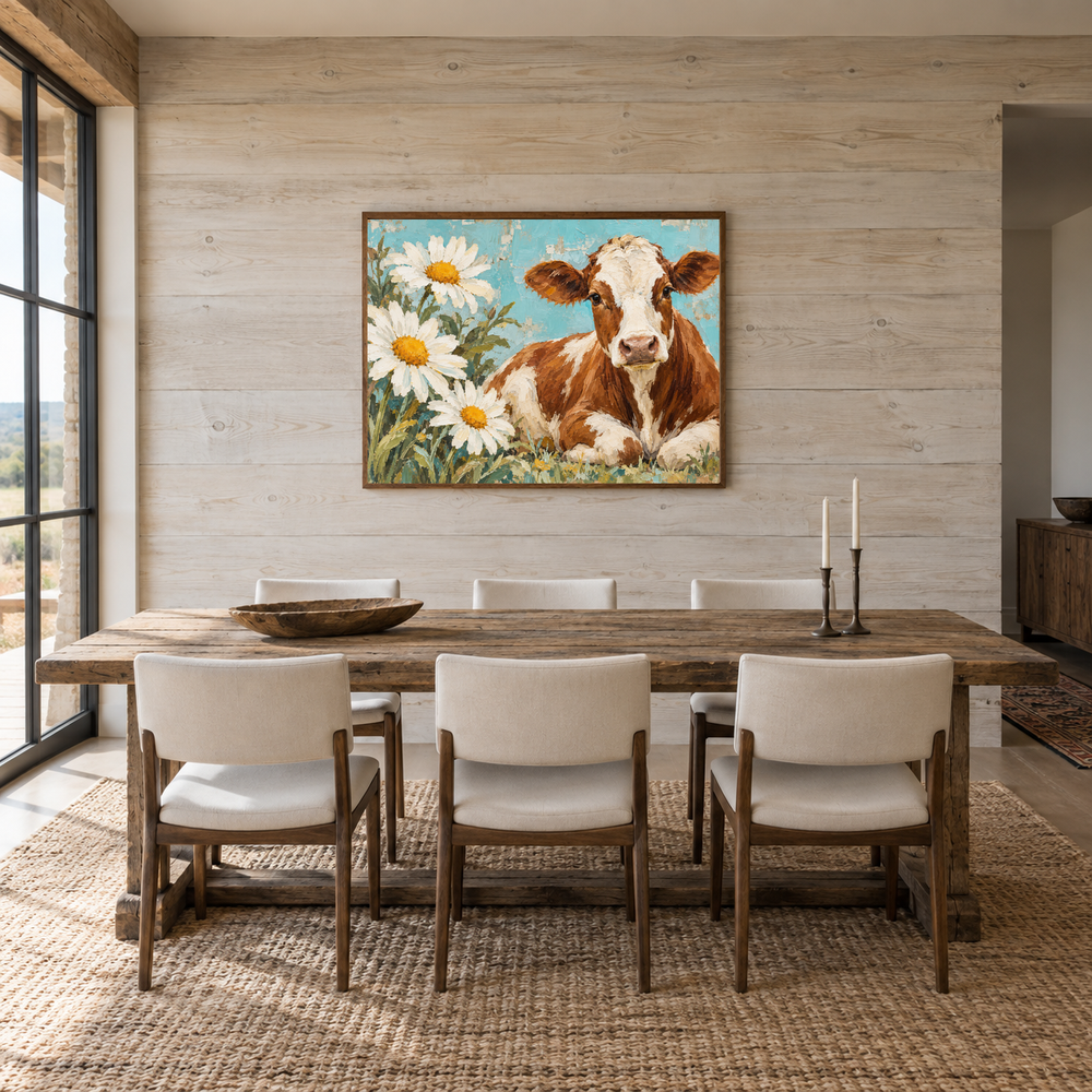 Cow & Daisies Folk Western Art oil painting displayed in a dining room