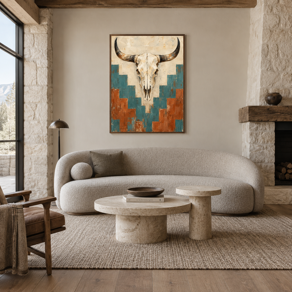 Cow Skull & Pattern oil painting displayed in a living room
