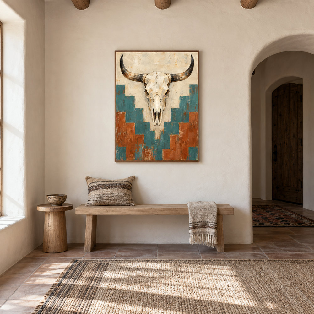 Cow Skull & Pattern oil painting displayed in a entryway