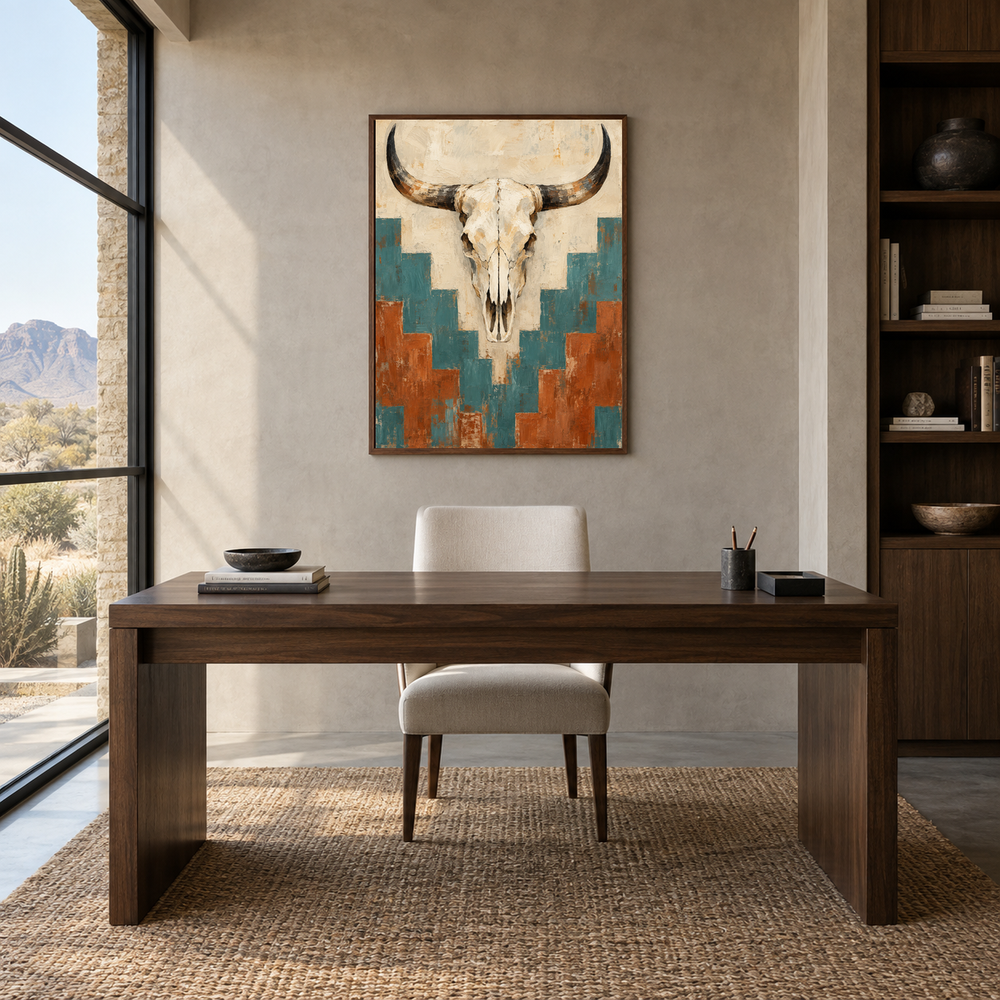 Cow Skull & Pattern oil painting displayed in a study