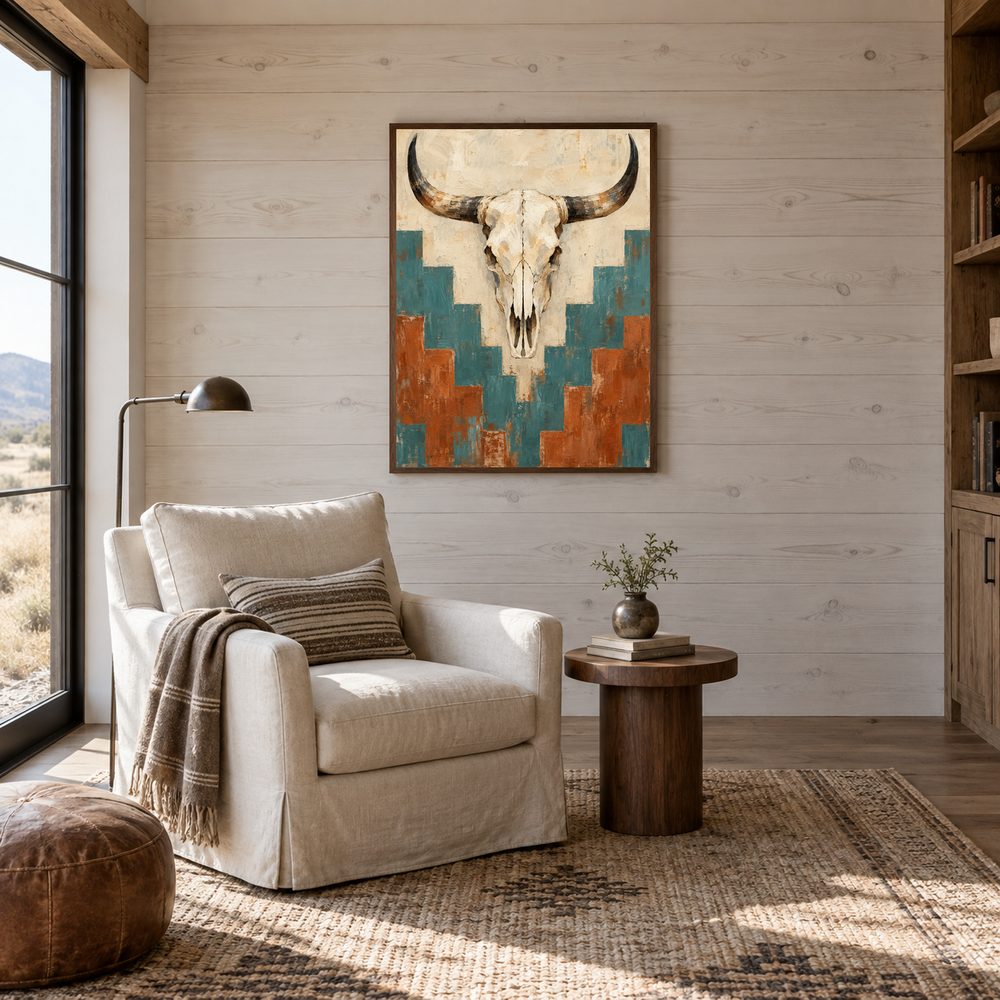 Cow Skull & Pattern oil painting displayed in a reading room