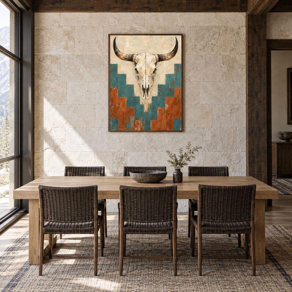 Cow Skull & Pattern oil painting displayed in a dining room