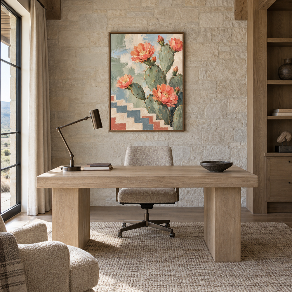 Desert Bloom Pattern Art oil painting displayed in a study