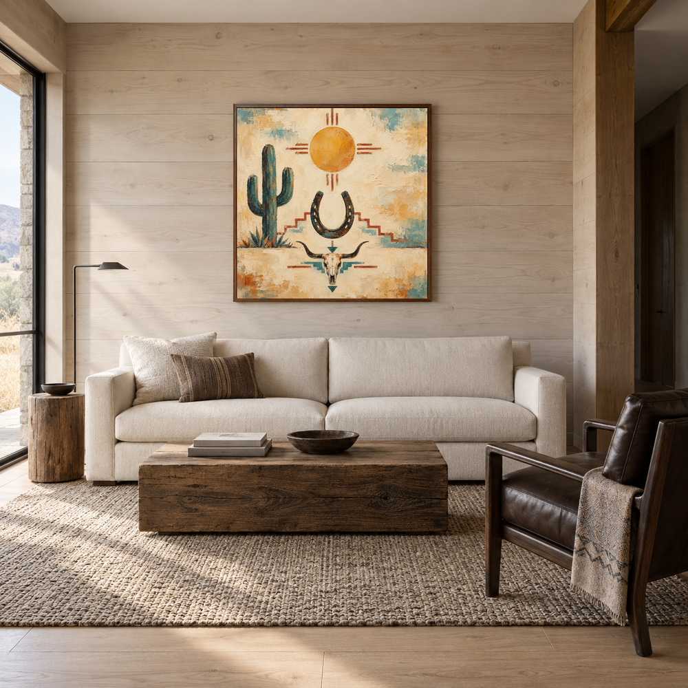 Southwest Ranch Symbol Composition oil painting displayed in a living room