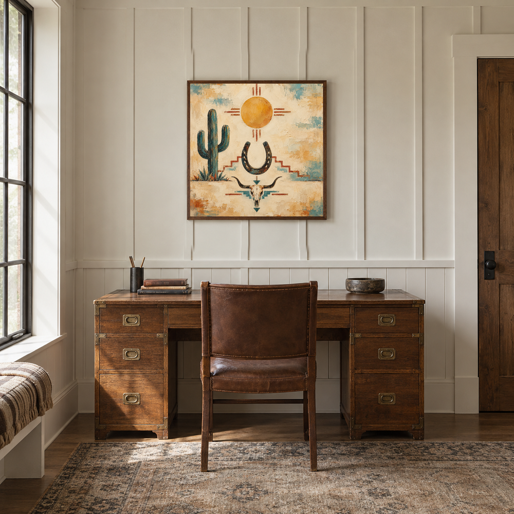 Southwest Ranch Symbol Composition oil painting displayed in a study