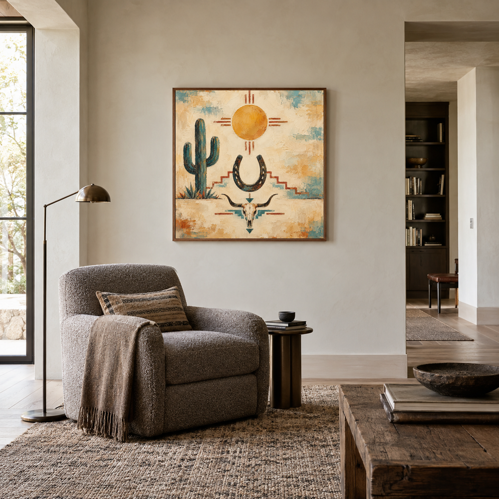 Southwest Ranch Symbol Composition oil painting displayed in a reading room