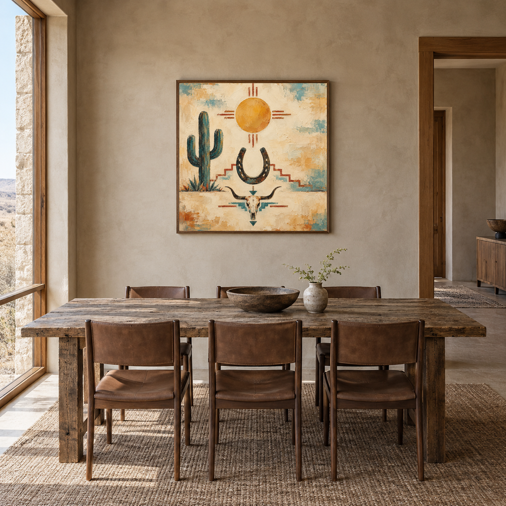 Southwest Ranch Symbol Composition oil painting displayed in a dining room
