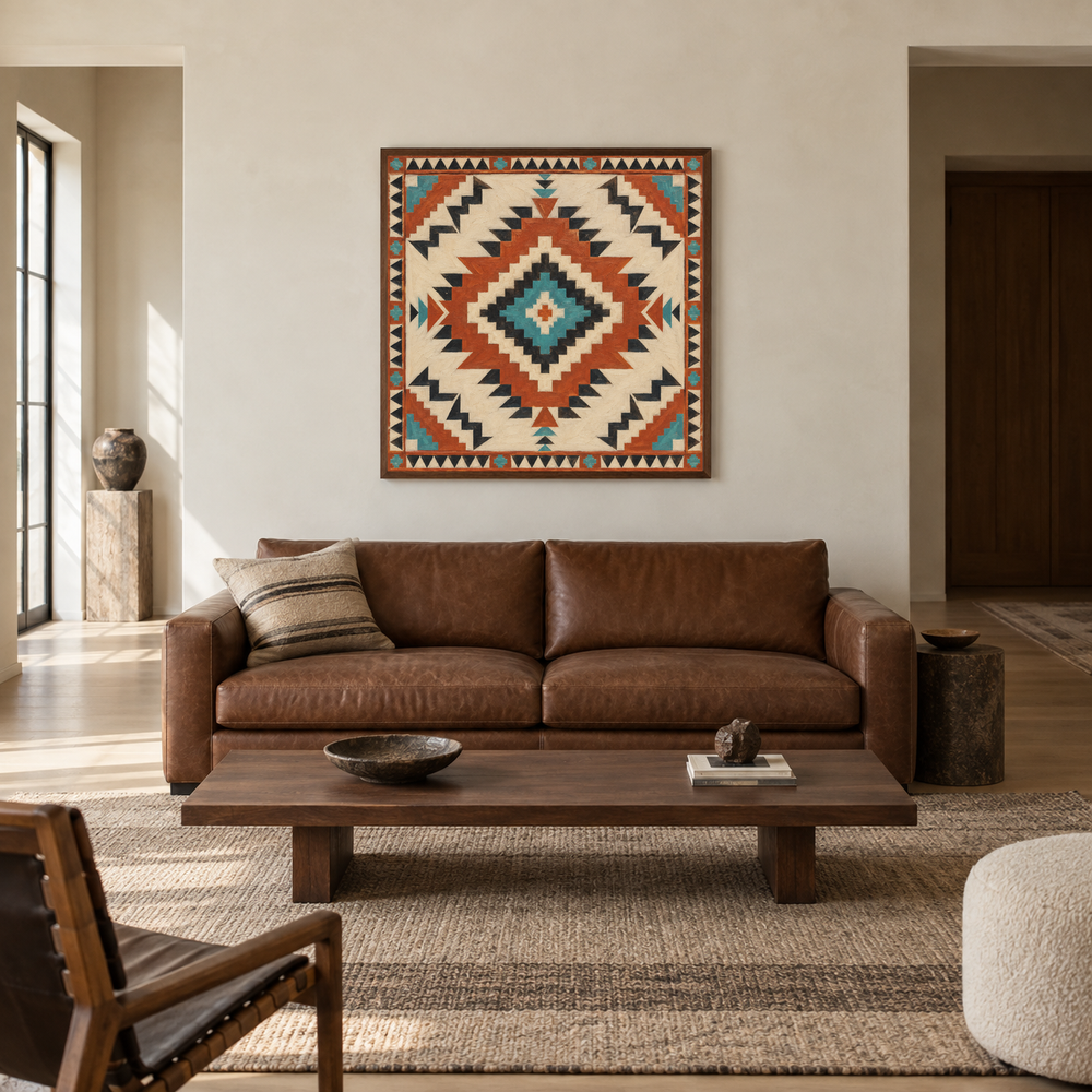 Full Diamond Southwest Pattern oil painting displayed in a ranch living room