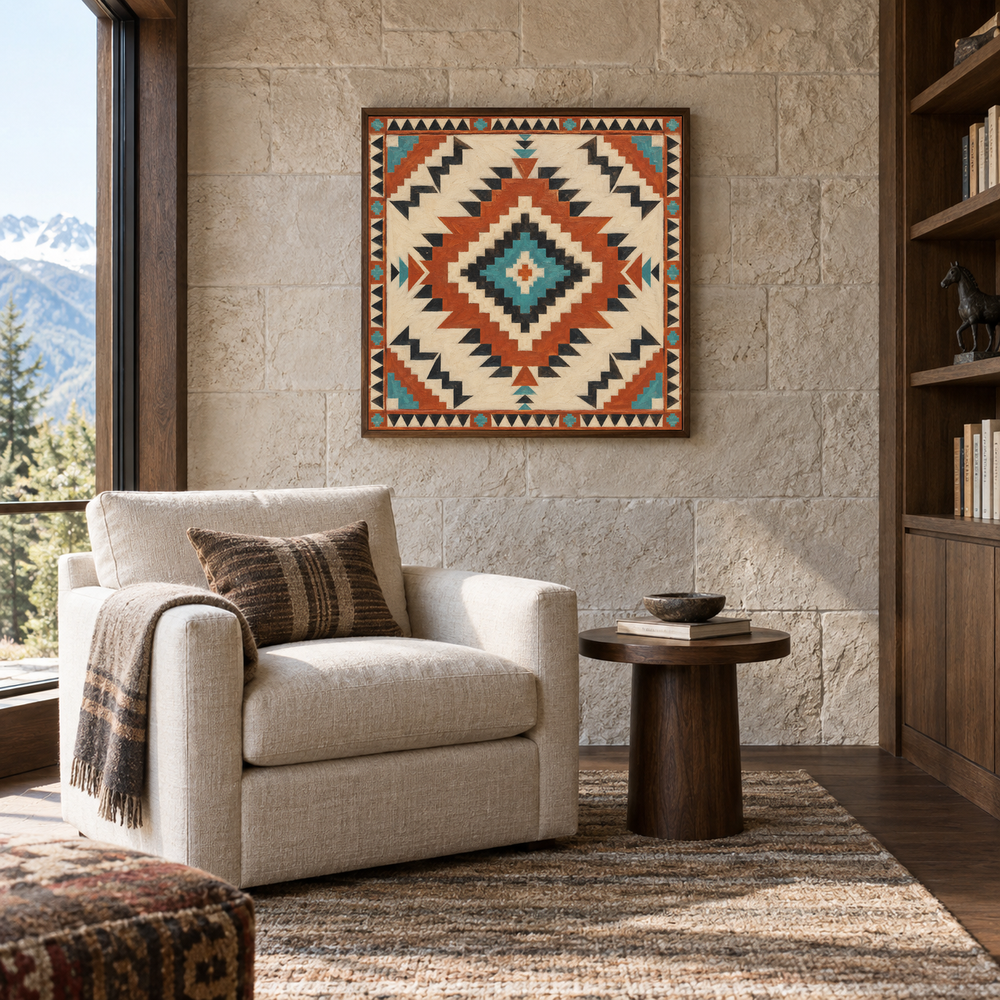 Full Diamond Southwest Pattern oil painting displayed in a lodge reading room
