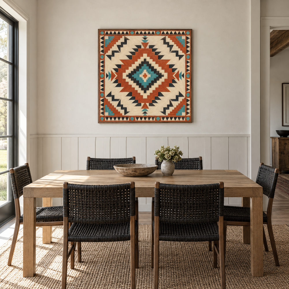 Full Diamond Southwest Pattern oil painting displayed in a Western dining room