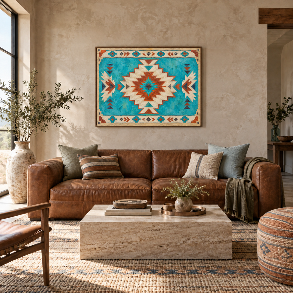 Turquoise Southwestern Medallion Pattern oil painting displayed in a Western living room