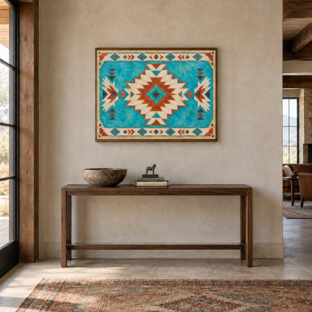 Turquoise Southwestern Medallion Pattern oil painting displayed in a Southwestern entryway