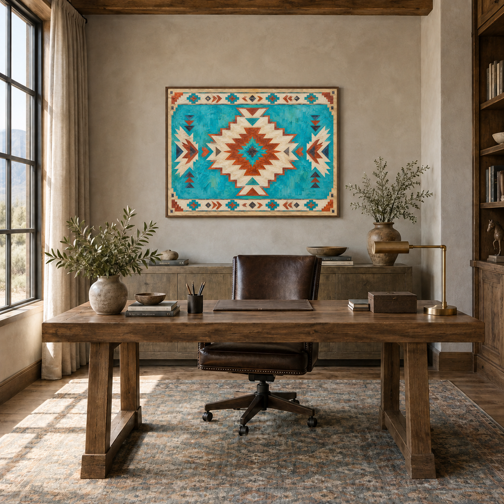 Turquoise Southwestern Medallion Pattern oil painting displayed in a rustic study