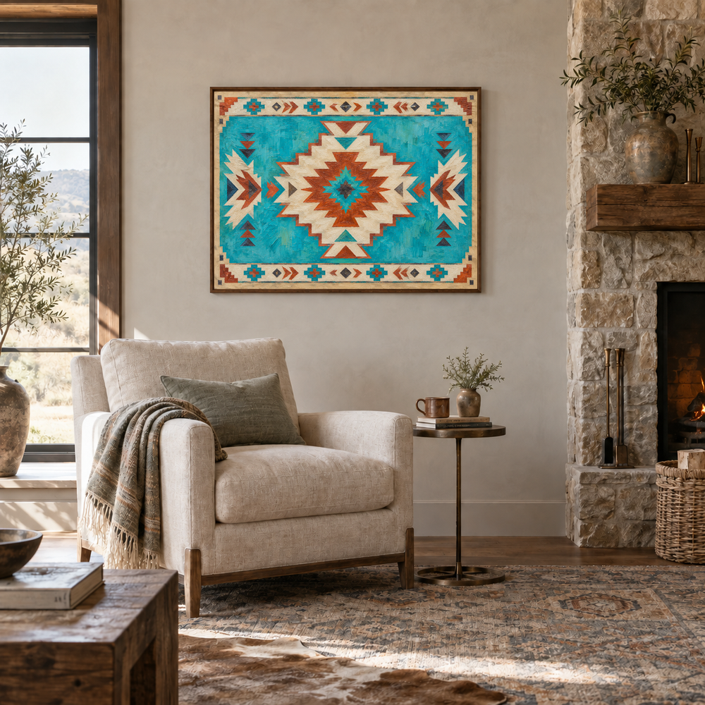 Turquoise Southwestern Medallion Pattern oil painting displayed in a farmhouse reading room