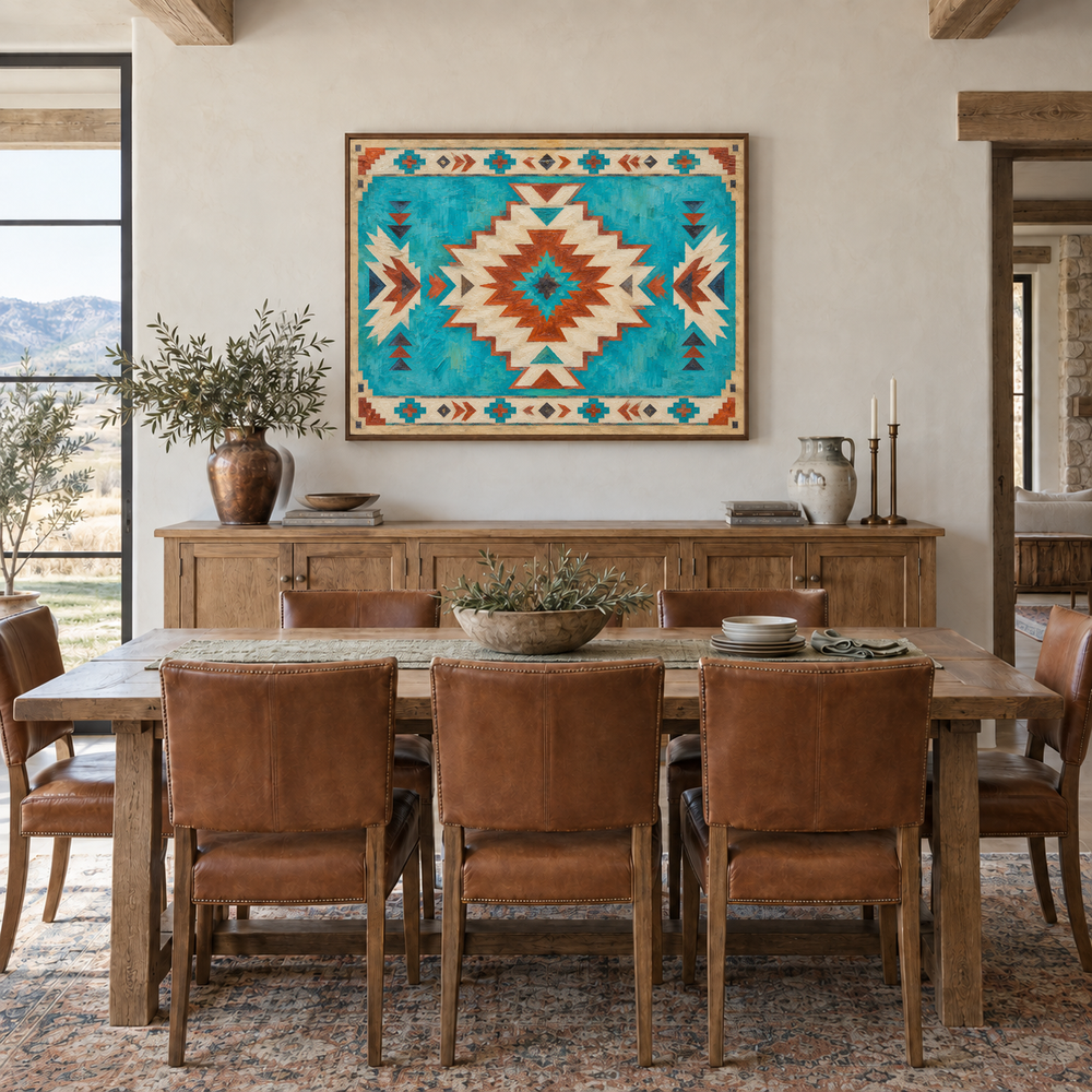 Turquoise Southwestern Medallion Pattern oil painting displayed in a contemporary lounge