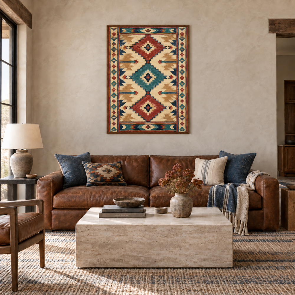 Long Runner Style Southwestern Pattern oil painting displayed in a ranch living room