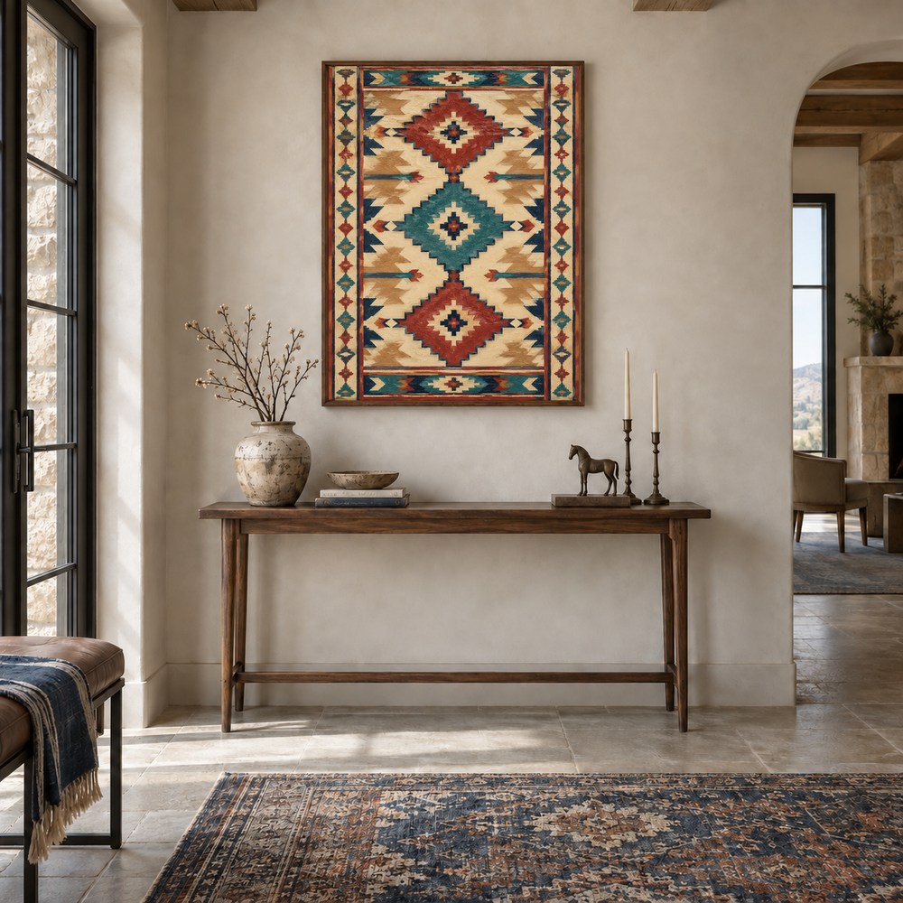 Long Runner Style Southwestern Pattern oil painting displayed in a Western entryway