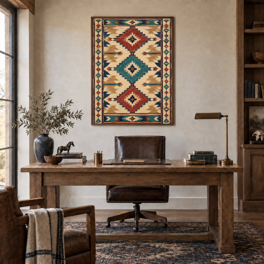 Long Runner Style Southwestern Pattern oil painting displayed in a ranch study