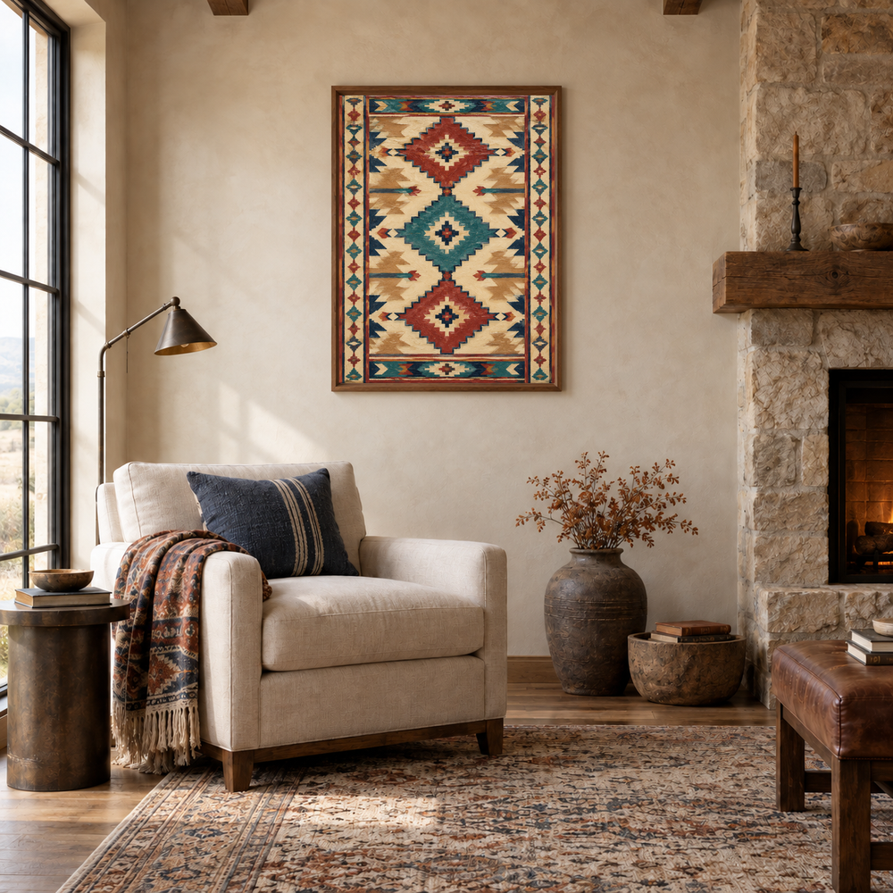 Long Runner Style Southwestern Pattern oil painting displayed in a lodge reading room