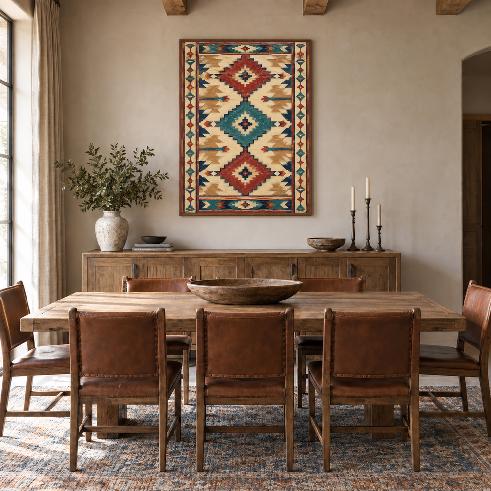 Long Runner Style Southwestern Pattern oil painting displayed in a Western dining room