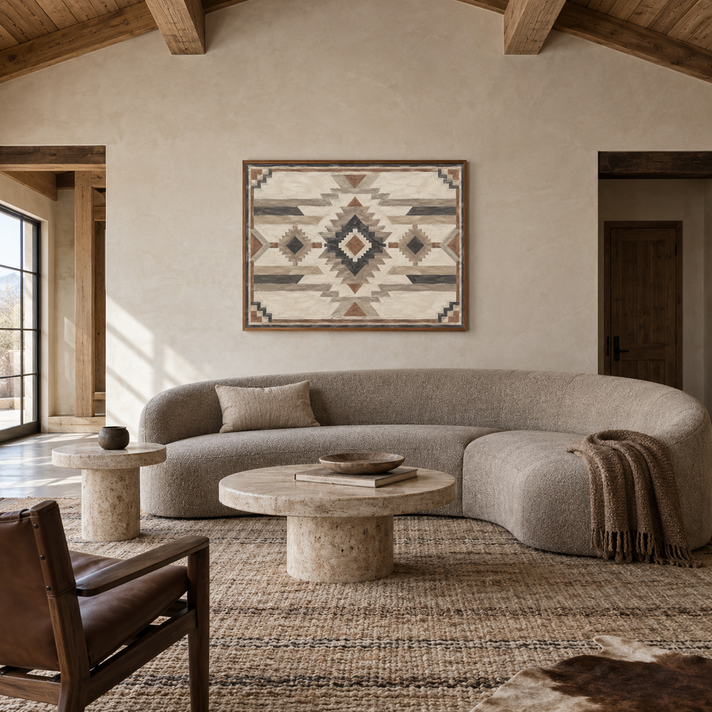 Neutral Modern Southwestern Pattern oil painting displayed in a ranch living room
