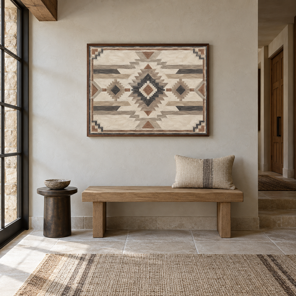 Neutral Modern Southwestern Pattern oil painting displayed in a Western entryway