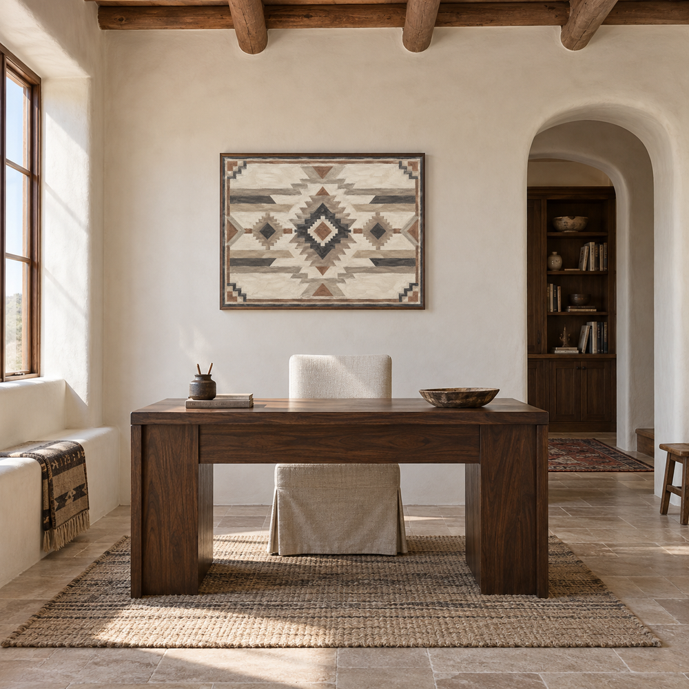 Neutral Modern Southwestern Pattern oil painting displayed in a ranch study